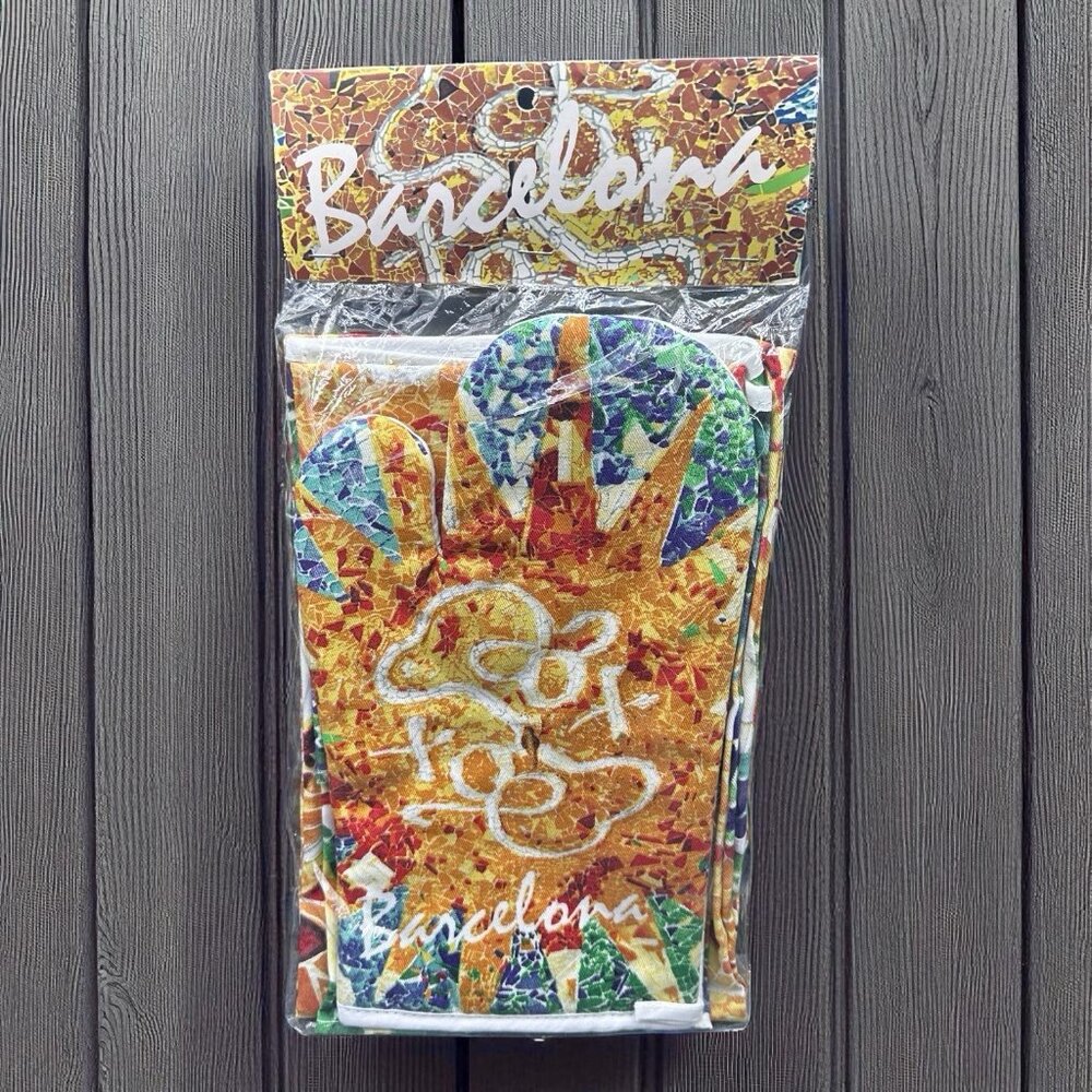 Mosaic Kitchen Set Apron Oven Mitt Towel Spain Souvenir Barcelona Gaudi 3 Pc